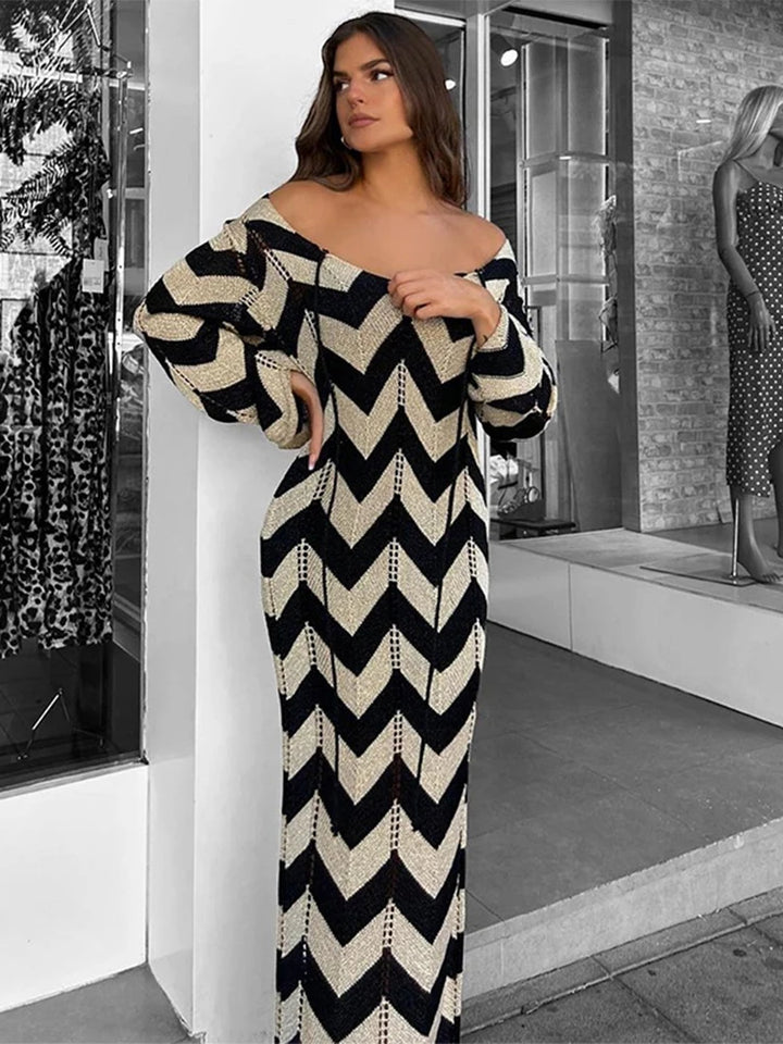 LAUREN | Striped Slim Knit Long Dress