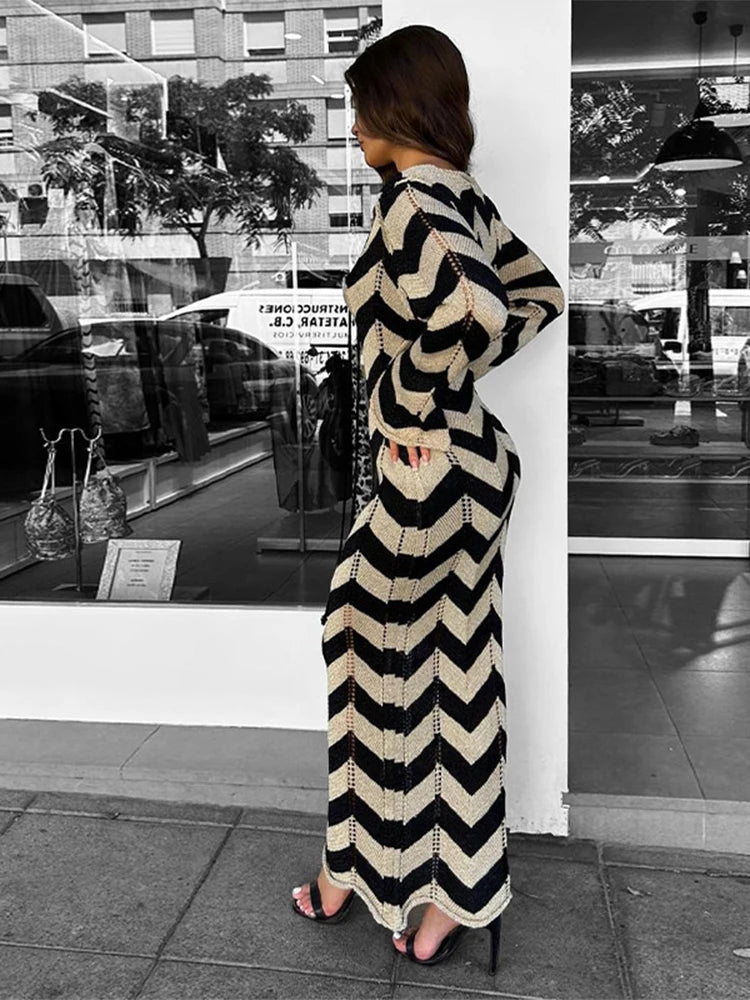 LAUREN | Striped Slim Knit Long Dress